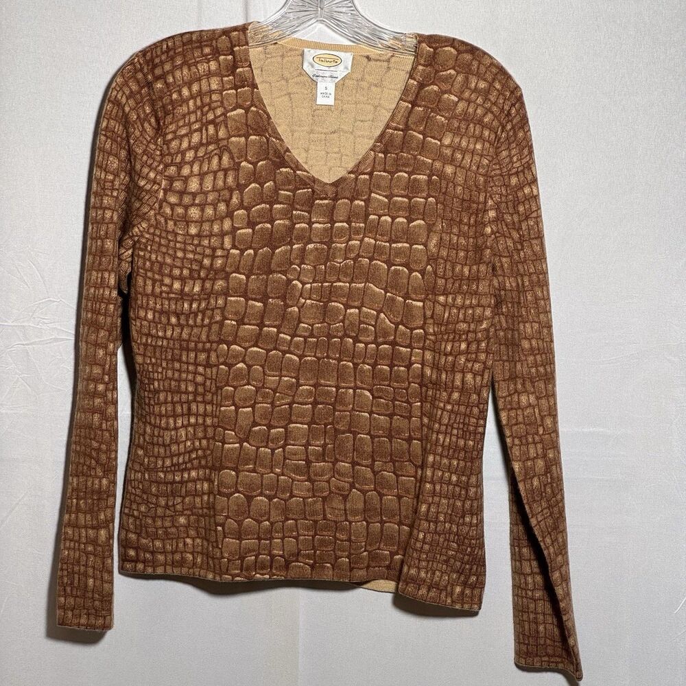 Talbots Cashmere Silk Sweater S Brown Crocodile Alligator Print V Neck Luxury